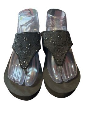 Sun and Shade black, jeweled, wedge flip flops.